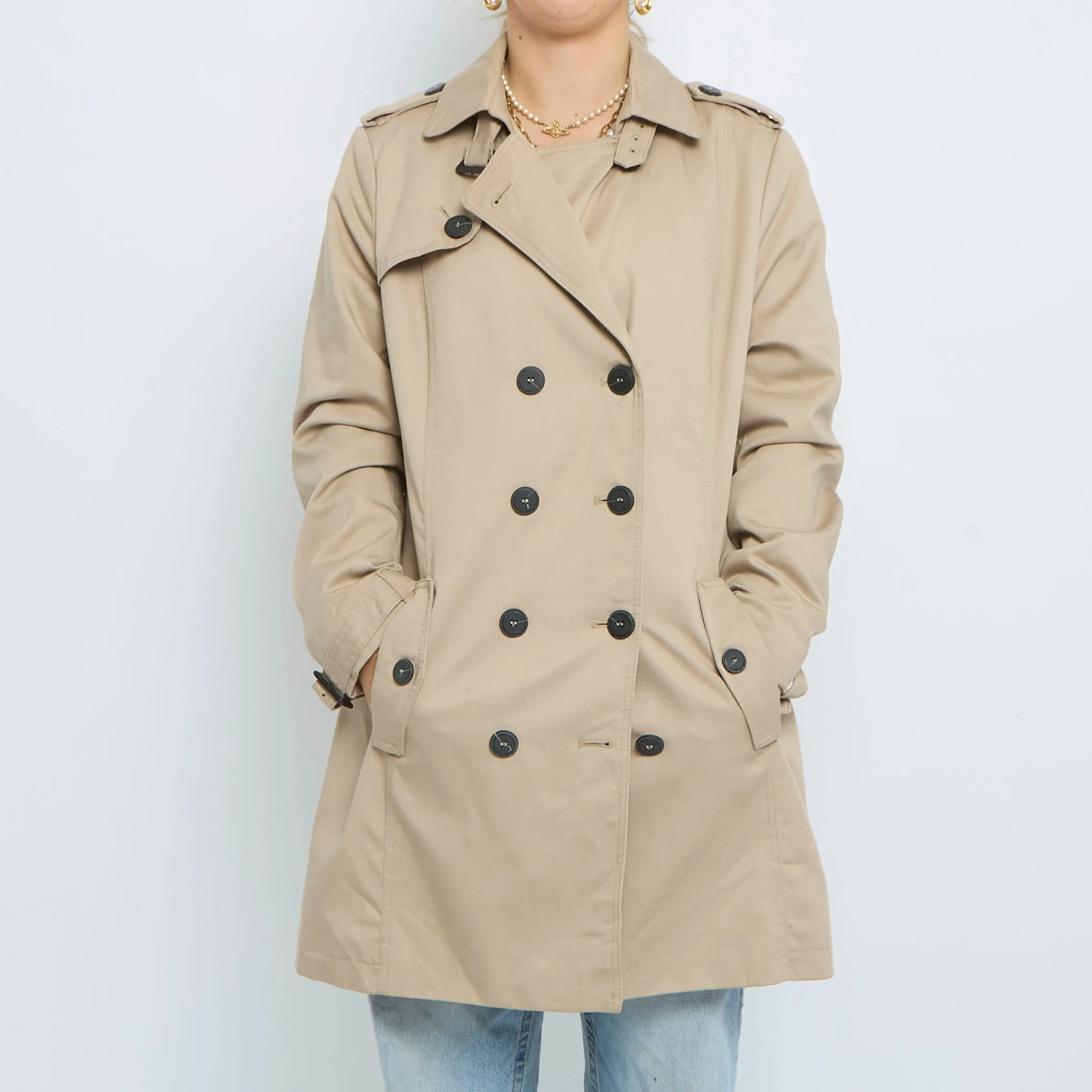 Beige Double Breasted Trench Coat - UK 12