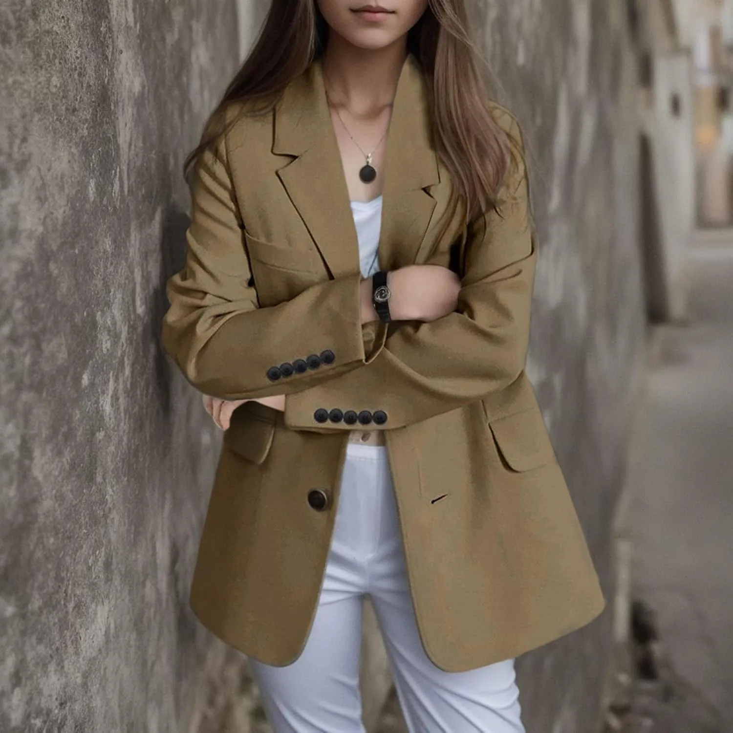 Blazer for Women Button Long Sleeve Pocket Lapel Elegant Trendy Comfortable Solid Color Stylish Suit Jackets