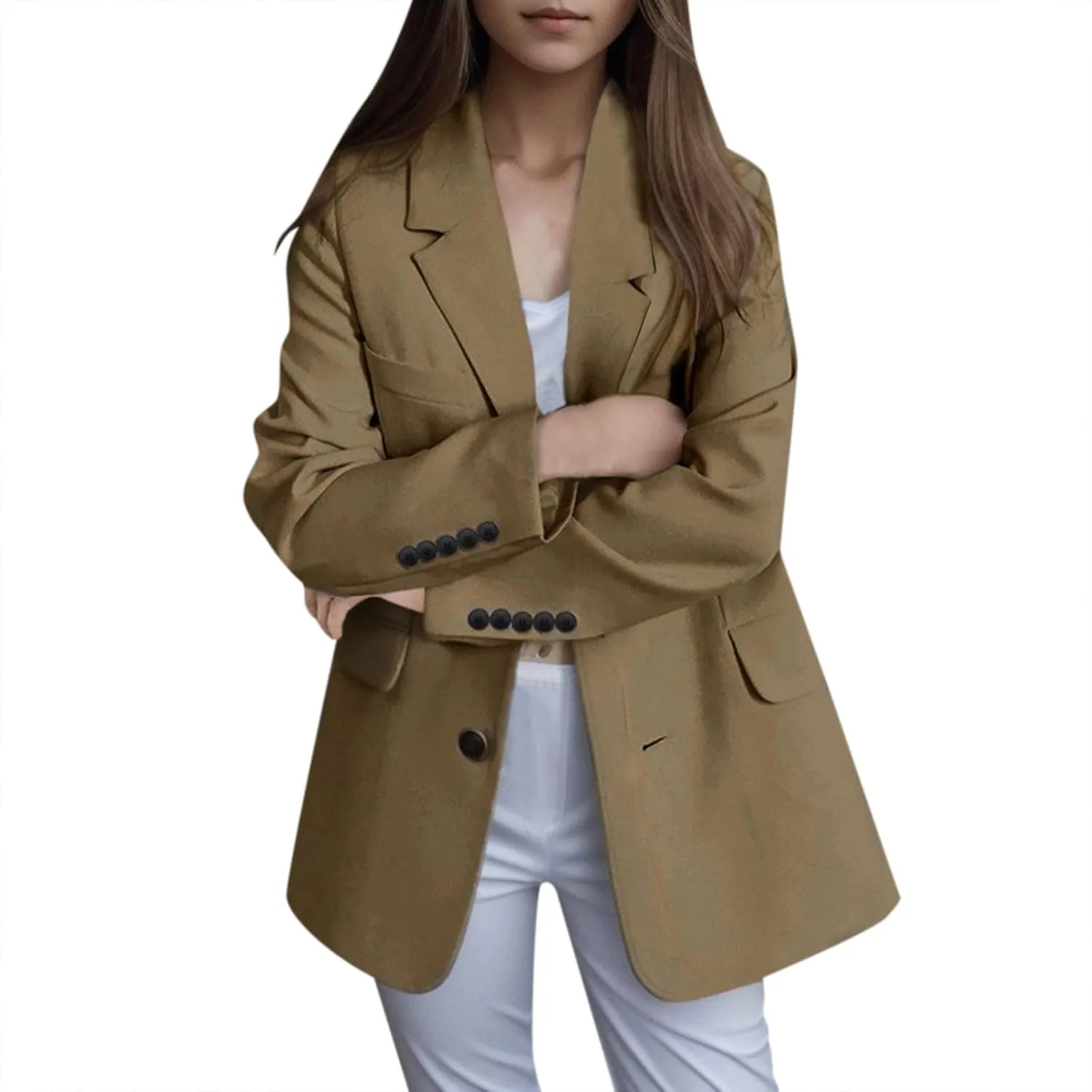 Blazer for Women Button Long Sleeve Pocket Lapel Elegant Trendy Comfortable Solid Color Stylish Suit Jackets