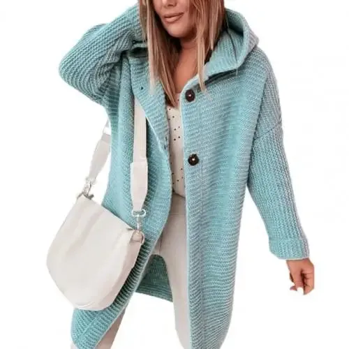 Dropshipping!! Solid Color Long Sleeve Women Cardigan Autumn Winter Two Buttons Hooded Sweater Coat Outerwear