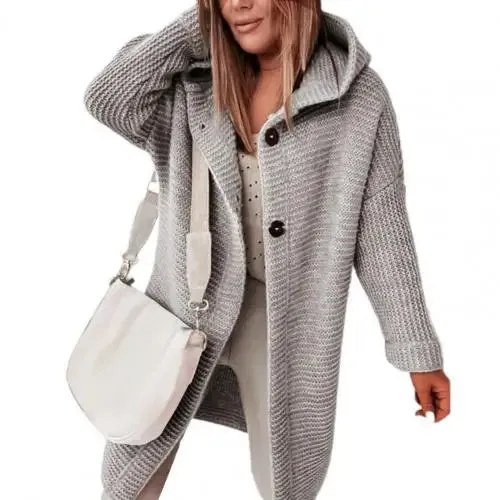 Dropshipping!! Solid Color Long Sleeve Women Cardigan Autumn Winter Two Buttons Hooded Sweater Coat Outerwear