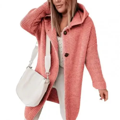 Dropshipping!! Solid Color Long Sleeve Women Cardigan Autumn Winter Two Buttons Hooded Sweater Coat Outerwear