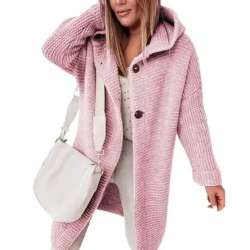 Dropshipping!! Solid Color Long Sleeve Women Cardigan Autumn Winter Two Buttons Hooded Sweater Coat Outerwear