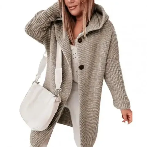 Dropshipping!! Solid Color Long Sleeve Women Cardigan Autumn Winter Two Buttons Hooded Sweater Coat Outerwear
