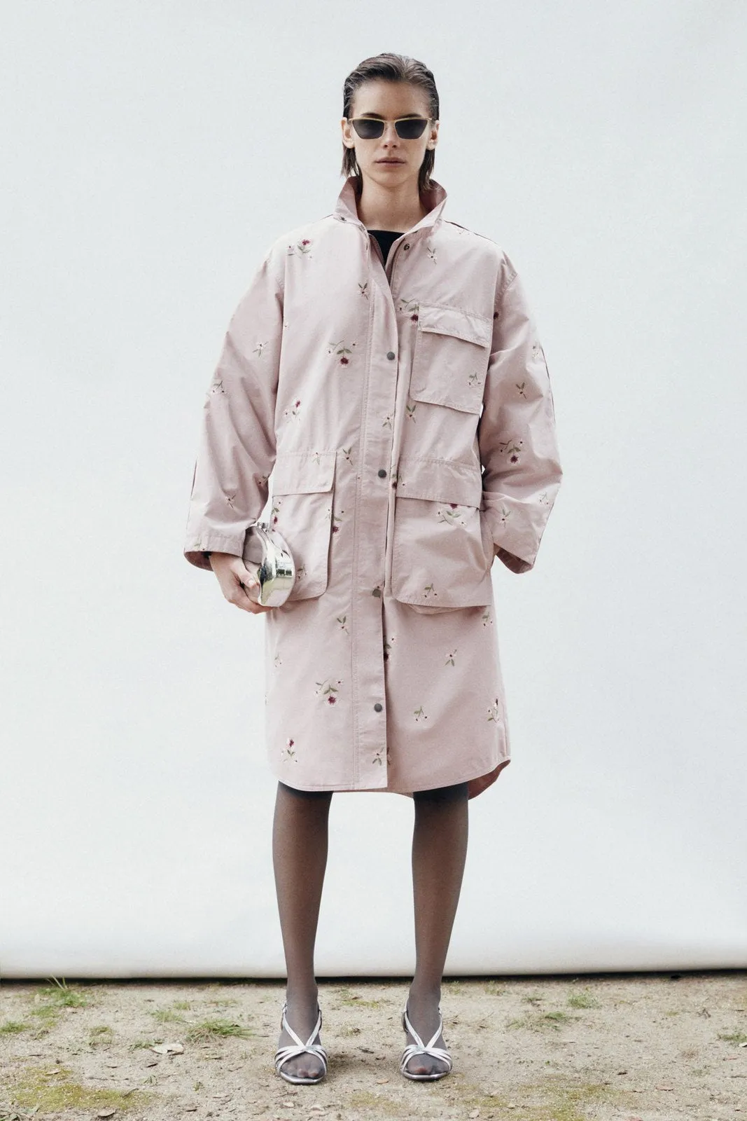 Embroidered flowers trench coat - Pink Pale