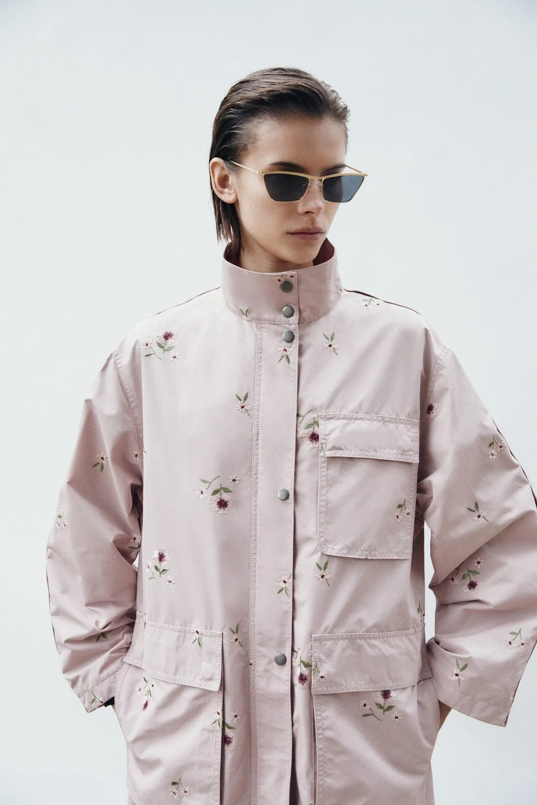 Embroidered flowers trench coat - Pink Pale