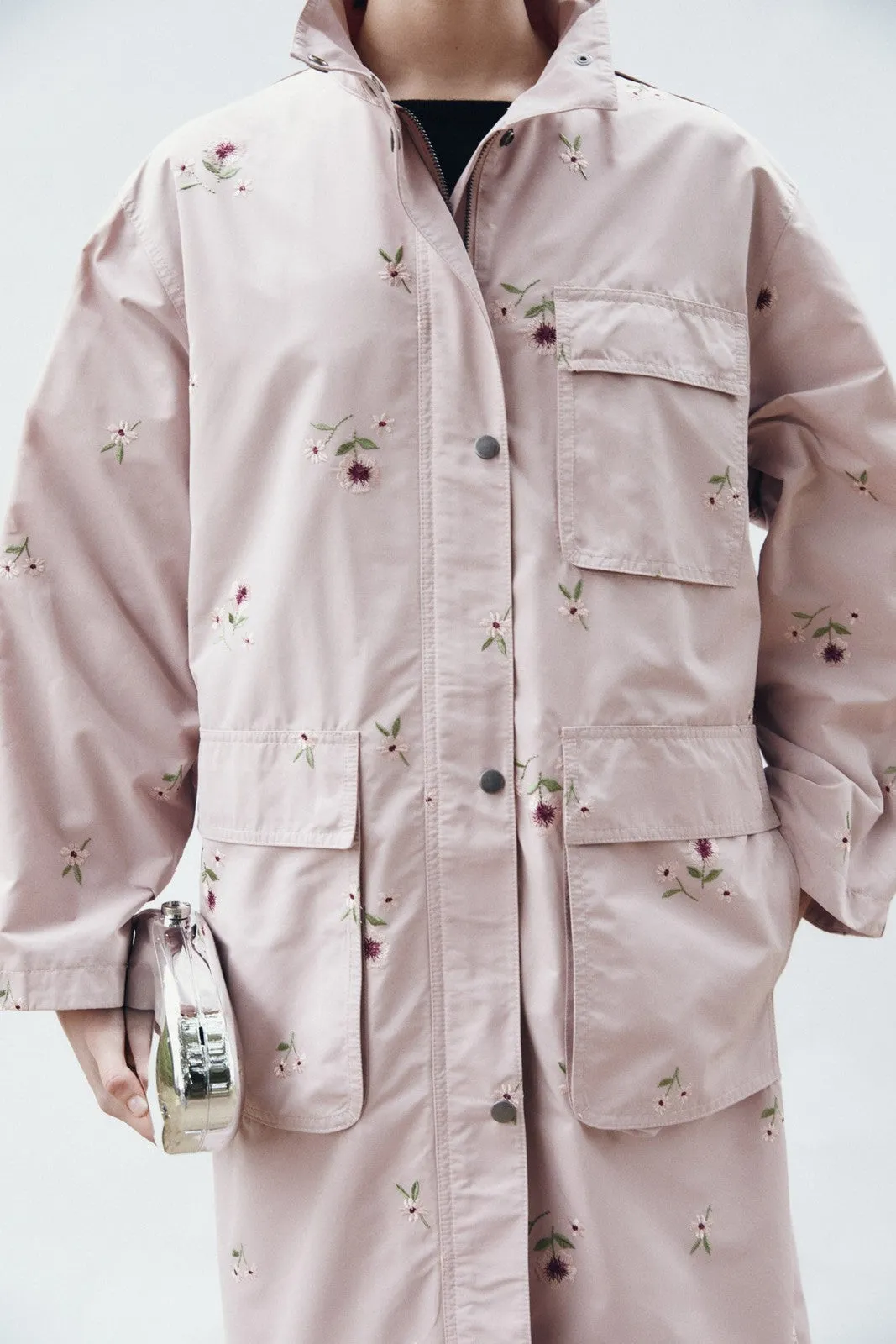Embroidered flowers trench coat - Pink Pale