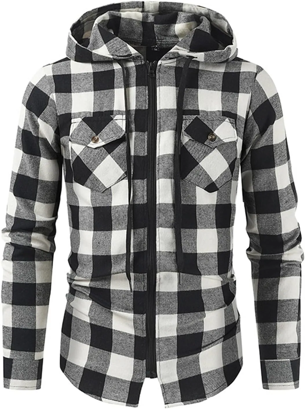 Flannel Hoodies Jackets for Men Long Sleeve Slim Zip Up Plaid Shirt Jacket Fall Lightweight Hooded Coat with Pocket