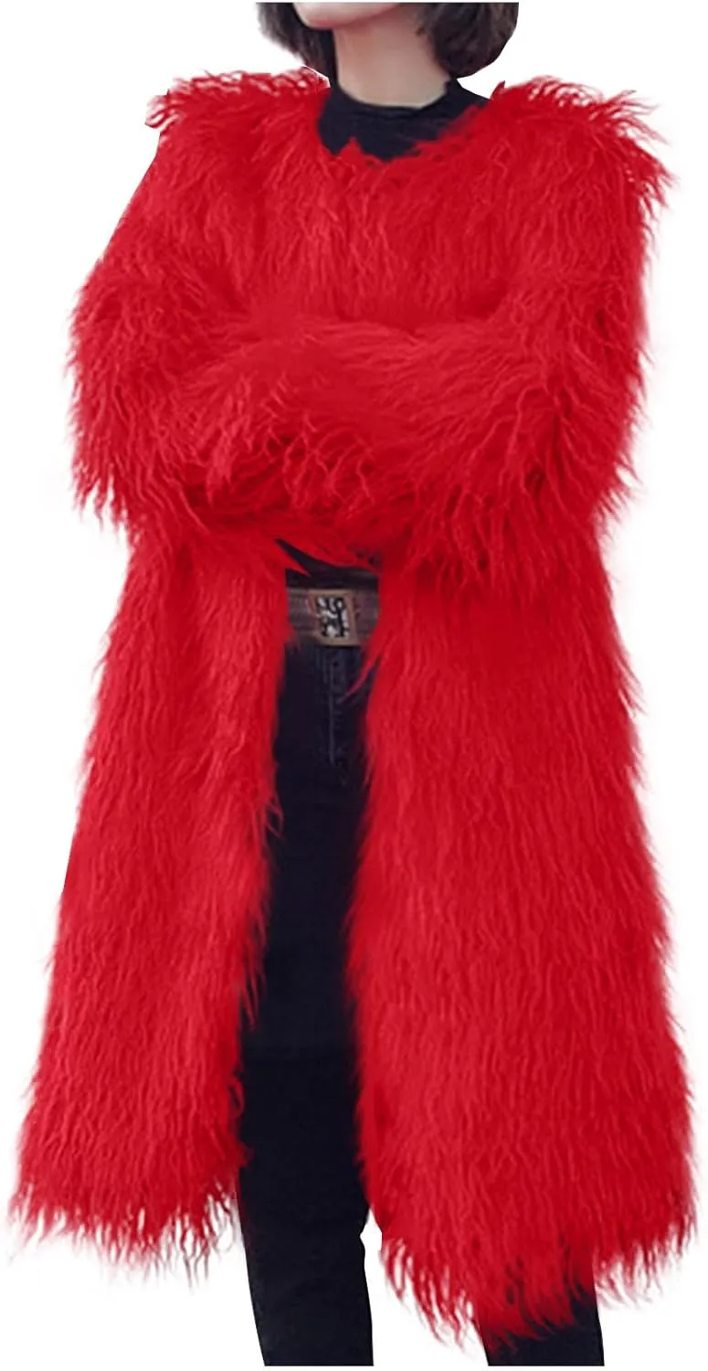 HGps8w Luxury Long Faux Fur Coat for Women Open Front Shaggy Cardigans Oversized Fuzzy Fleece Jacket Warm Winter Outerwear