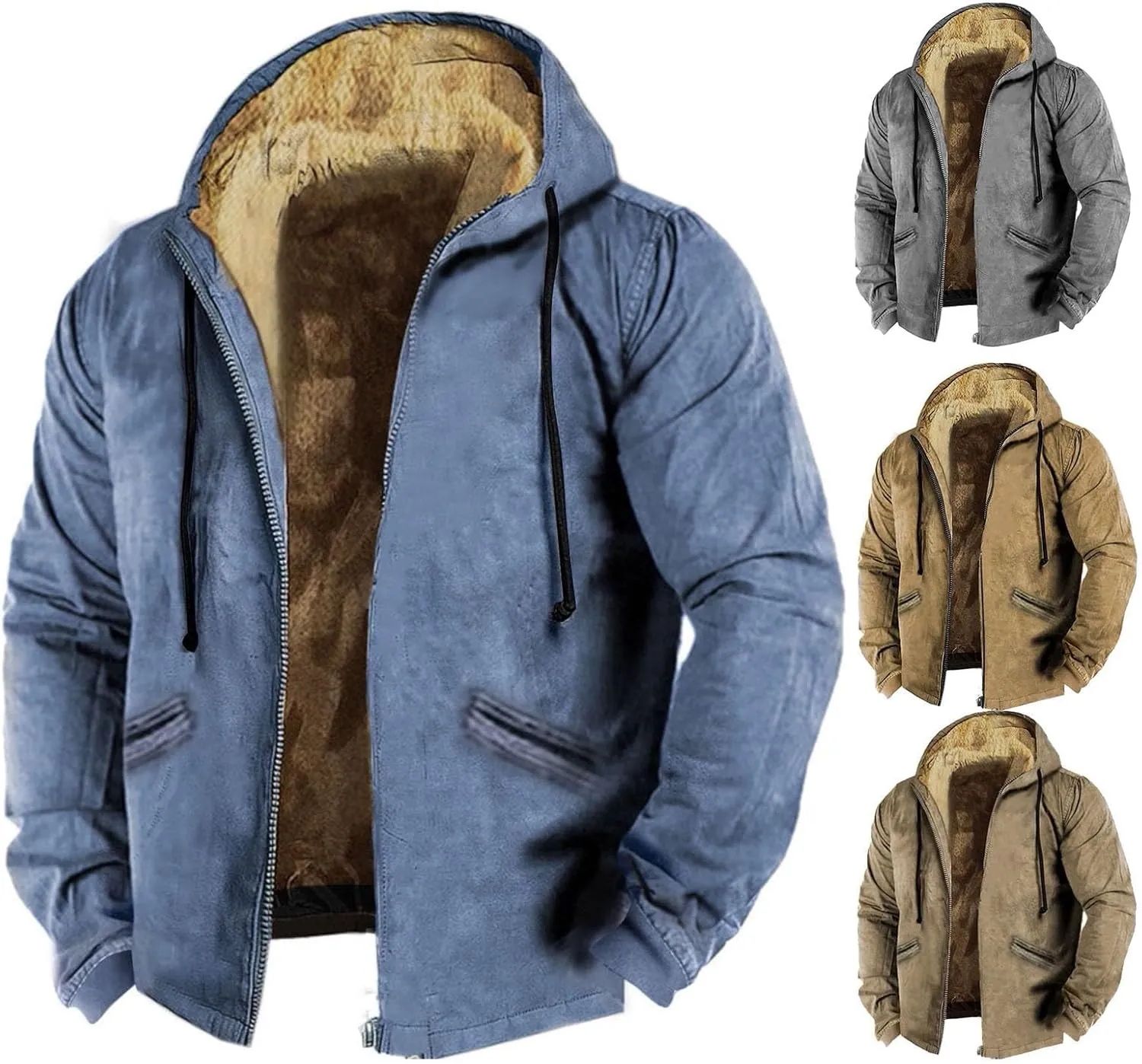 Hoodie Jackets for Men Sherpa-Lined Long Sleeve Zip Up Solid Coat Winter Fashion Thermal Outwear with Drawstring
