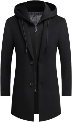 Men Wool Coat Casual Warm Detachable Hat Winter Wool Coat Mid-Length Jacket Overcoat Single Breasted