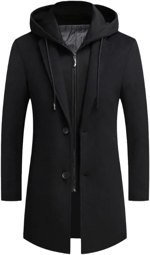 Men Wool Coat Casual Warm Detachable Hat Winter Wool Coat Mid-Length Jacket Overcoat Single Breasted