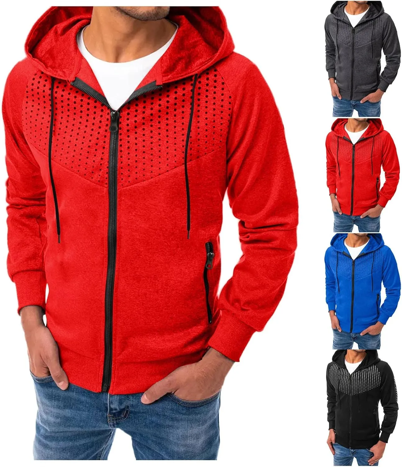 Men's Long Sleeve Hoodie Jacket Dot Printed Zip Up Solid Color Coat Casual Stylish Sport Outwear with Pocket