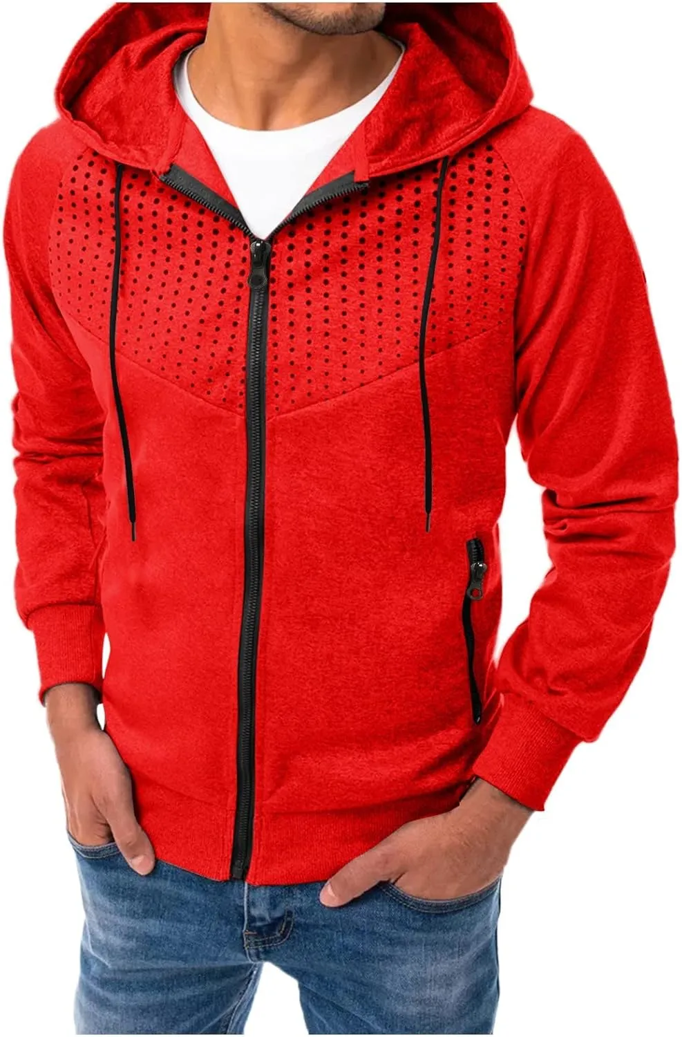 Men's Long Sleeve Hoodie Jacket Dot Printed Zip Up Solid Color Coat Casual Stylish Sport Outwear with Pocket