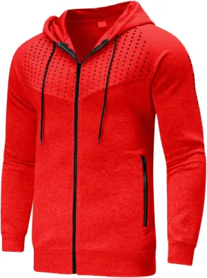 Men's Long Sleeve Hoodie Jacket Dot Printed Zip Up Solid Color Coat Casual Stylish Sport Outwear with Pocket