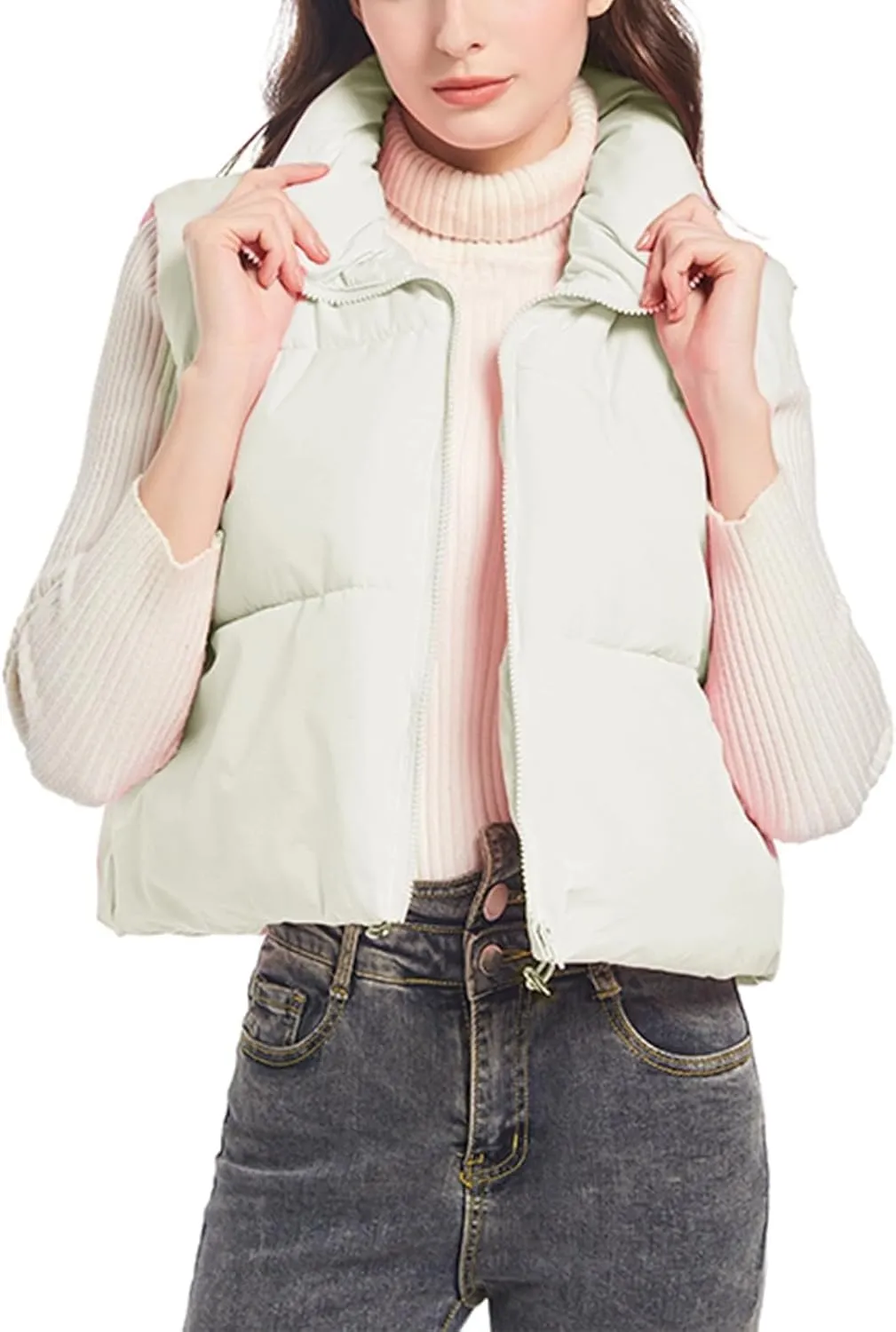 Puffer Vest Women Lightweight Quilted Jackets Cropped Sleeveless Turtlenecks Down Vest Casual Athletic Zip Up Jacket