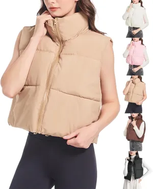Puffer Vest Women Lightweight Quilted Jackets Cropped Sleeveless Turtlenecks Down Vest Casual Athletic Zip Up Jacket