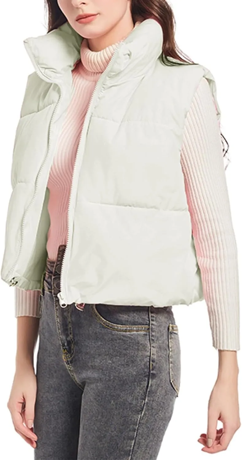 Puffer Vest Women Lightweight Quilted Jackets Cropped Sleeveless Turtlenecks Down Vest Casual Athletic Zip Up Jacket