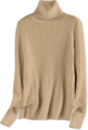 SANGTREE Women's Cable Knit Turtleneck Long Sleeves Lightweight Pullover Sweater