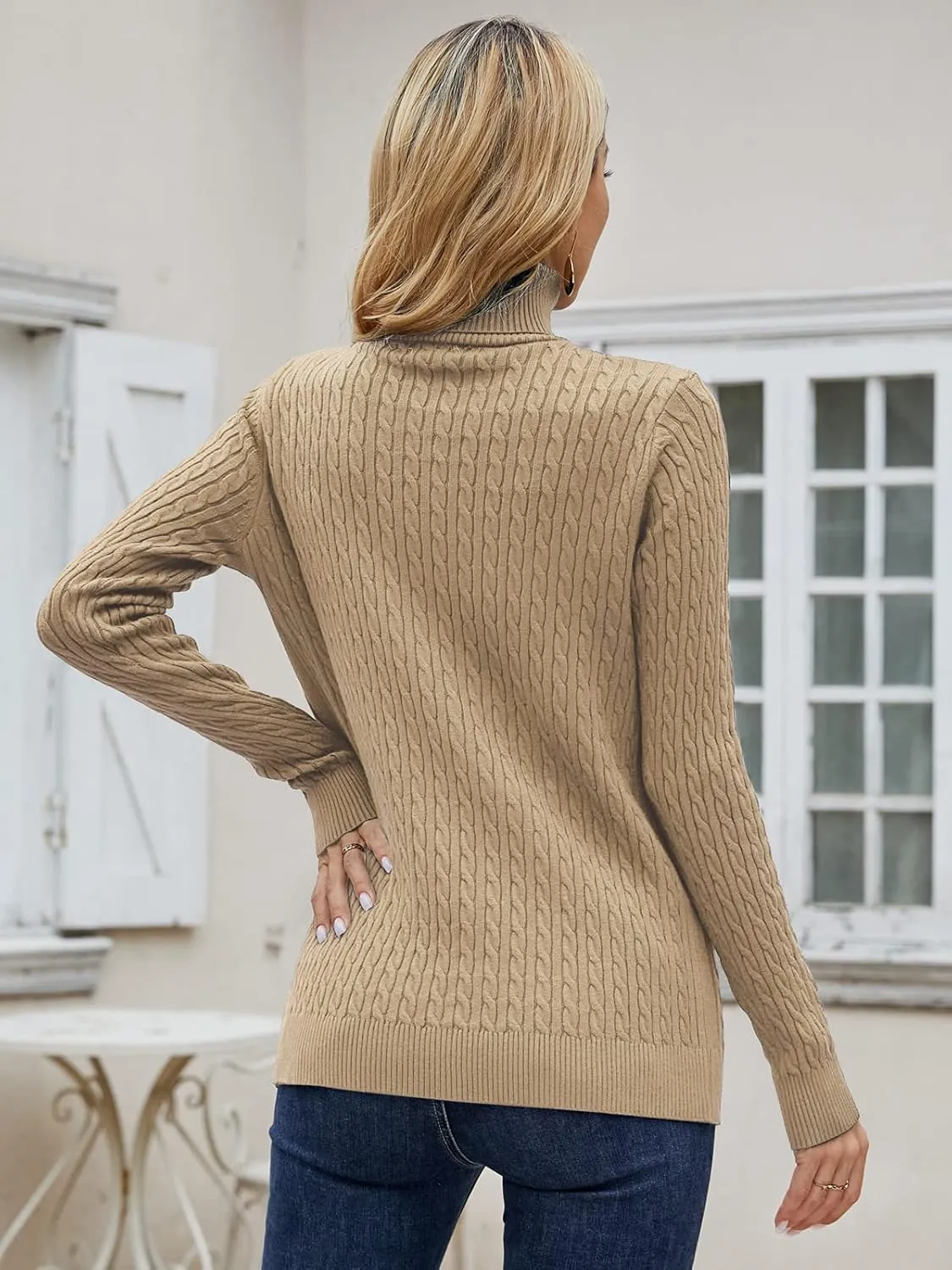 SANGTREE Women's Cable Knit Turtleneck Long Sleeves Lightweight Pullover Sweater