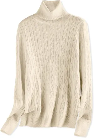 SANGTREE Women's Cable Knit Turtleneck Long Sleeves Lightweight Pullover Sweater