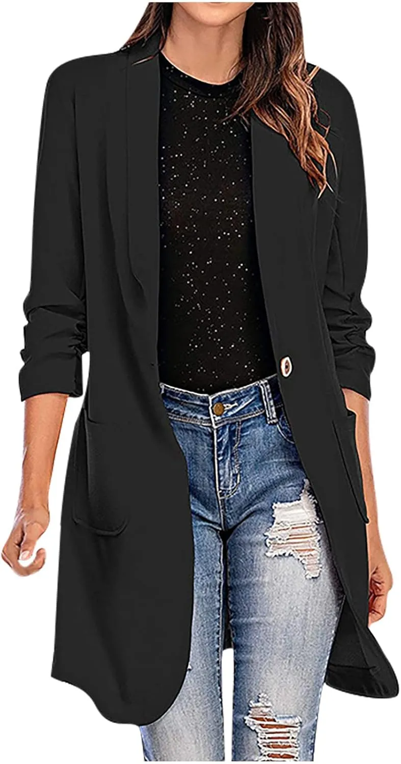 Women's Casual Long Blazers Ruched 3/4 Sleeve Lapel Oversized Suit Jacket Elegant Work Office Blazer Jackets