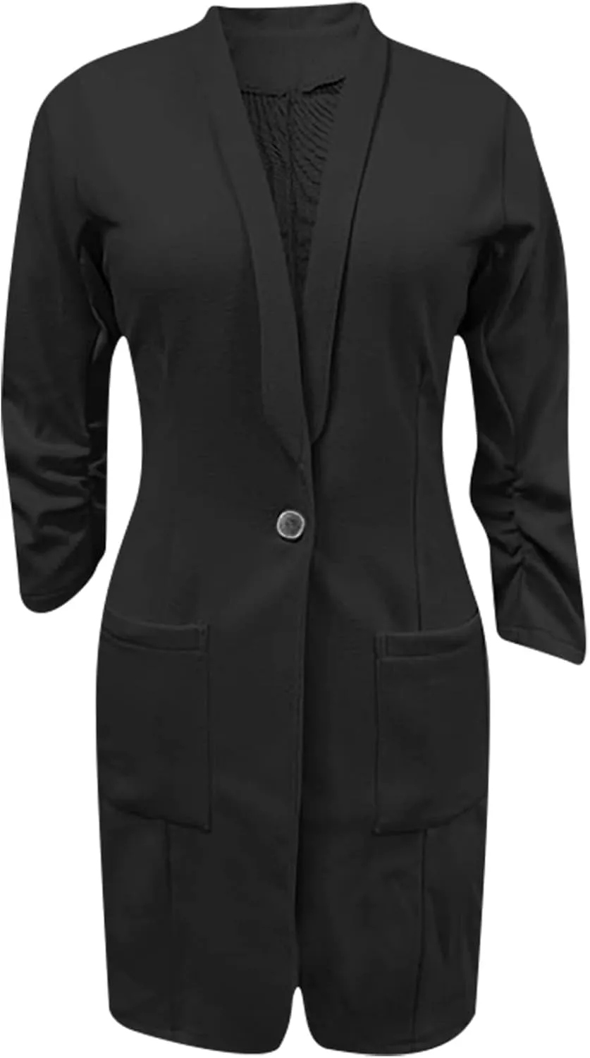 Women's Casual Long Blazers Ruched 3/4 Sleeve Lapel Oversized Suit Jacket Elegant Work Office Blazer Jackets