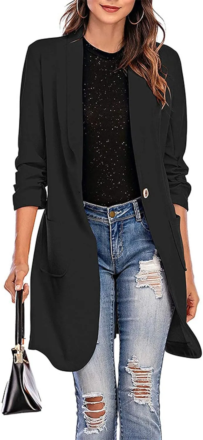 Women's Casual Long Blazers Ruched 3/4 Sleeve Lapel Oversized Suit Jacket Elegant Work Office Blazer Jackets