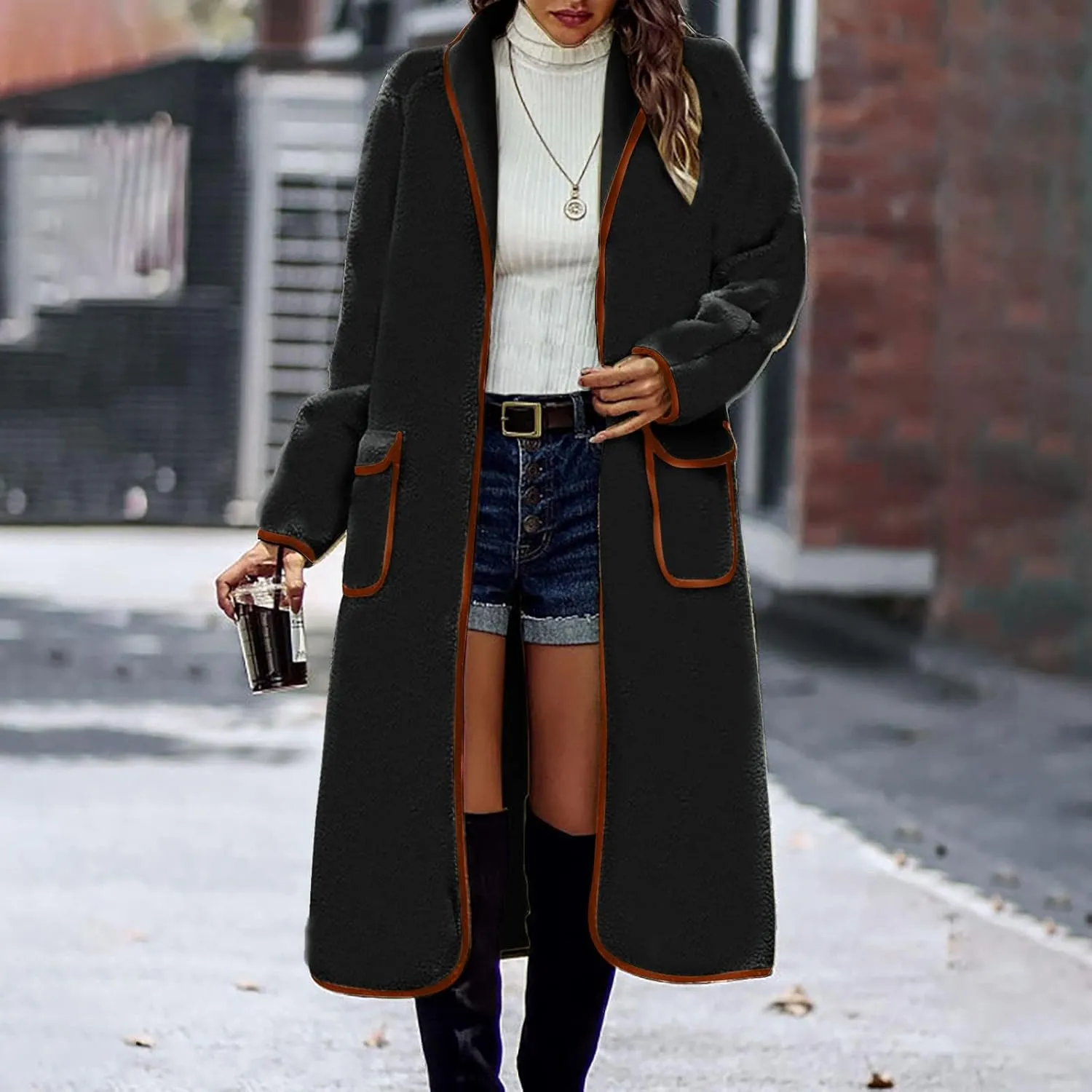 YRAETENM Long Winter Coats for Women Plus Size Warm Wool Blend Pea Coats Mid Long Lapel Open Front Trench Coats with Pockets